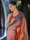 Banarasee Handloom Plain Semi Silk Saree With Contrast Temple Border-Pastel Red