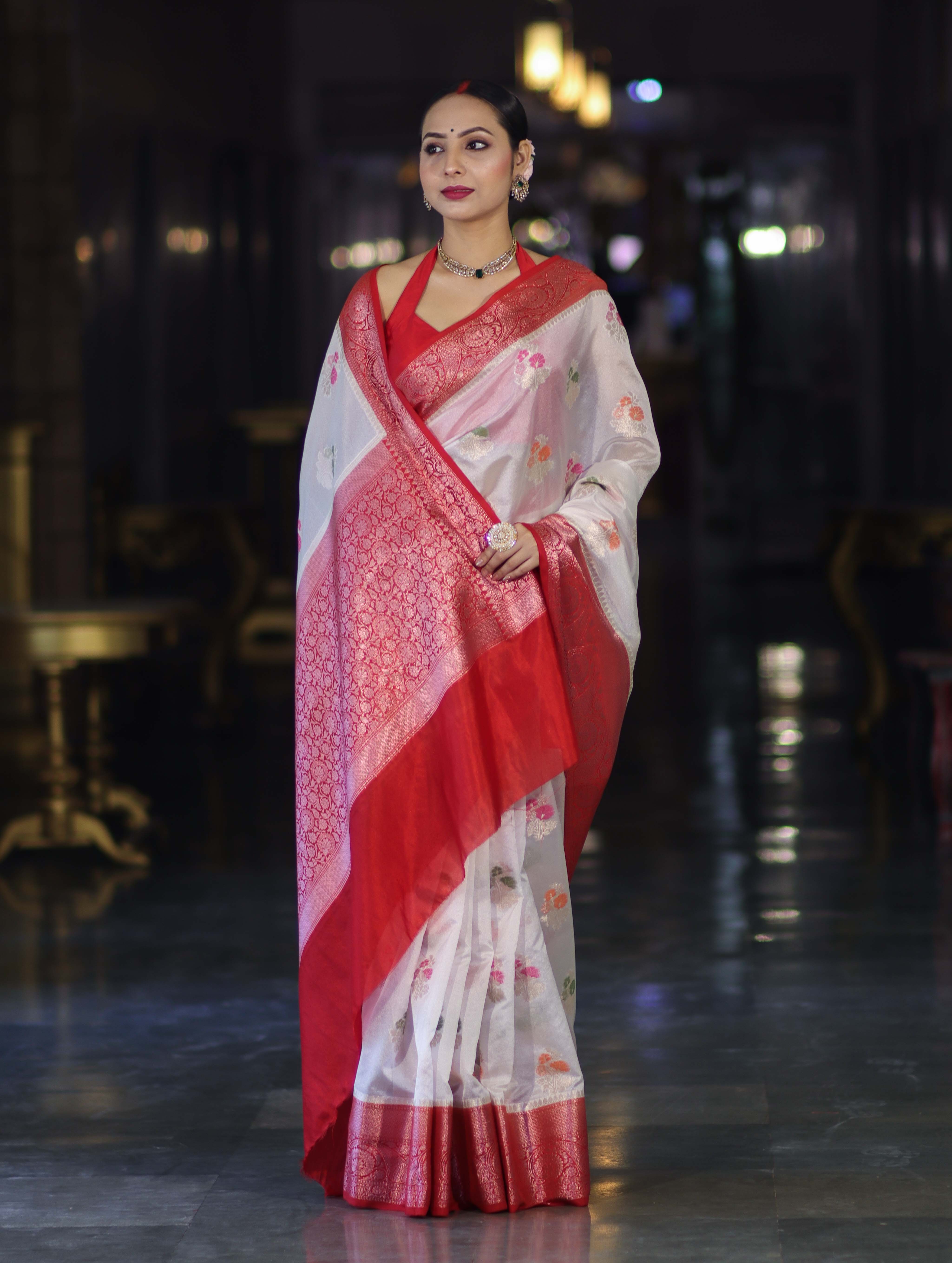 Banarasee Handloom Dupion Saree With Zari Buta Work & Contarst Border-White & Red