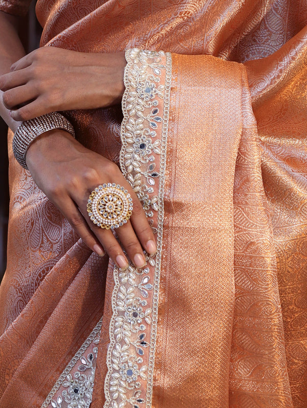 Banarasee Handwoven Tissue Saree With Zari Weaving Design & Lace-Rust