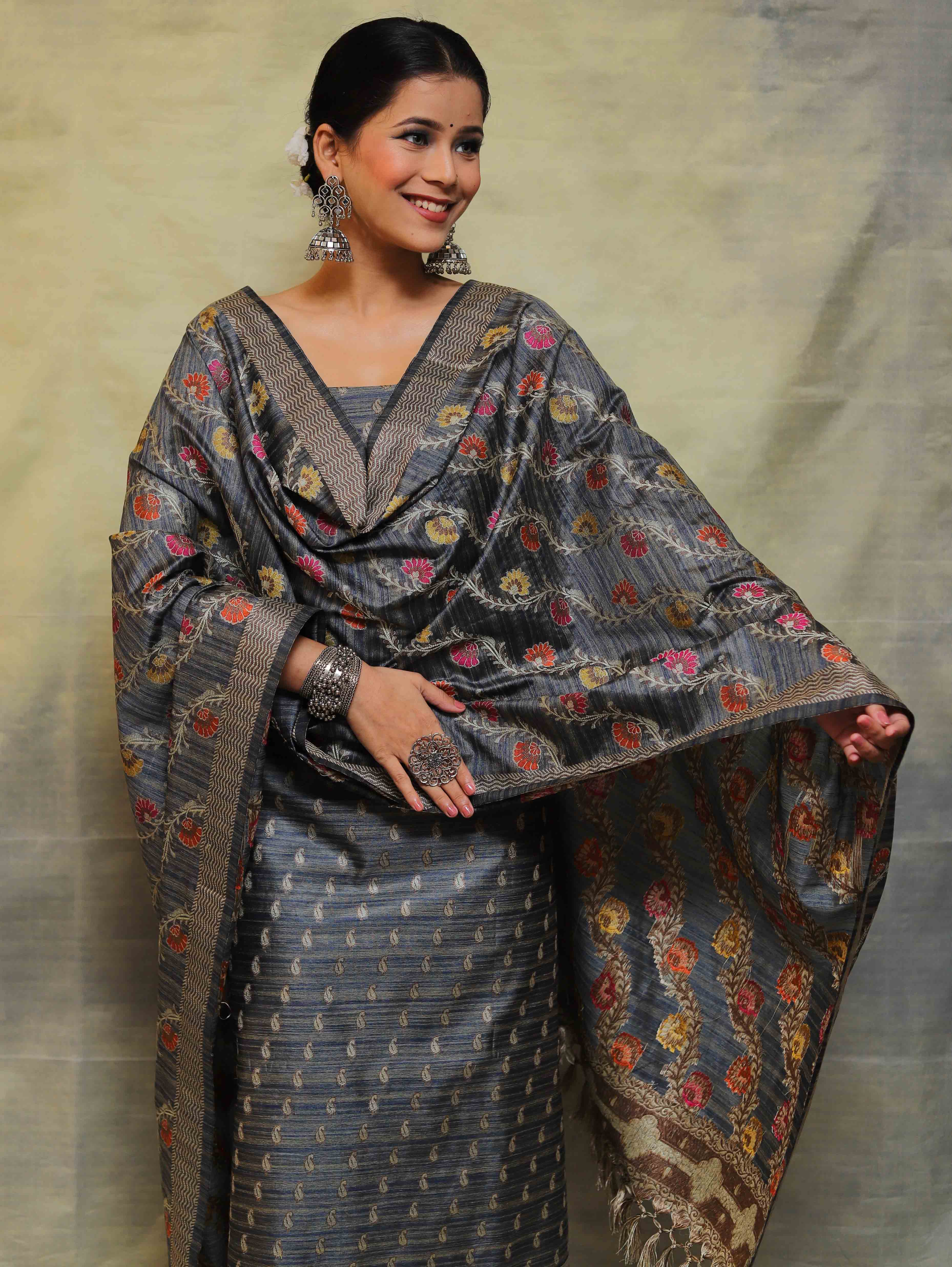 Banarasee Salwar Kameez Cotton Silk Fabric With Multicolor Resham & Ghichha Work-Grey