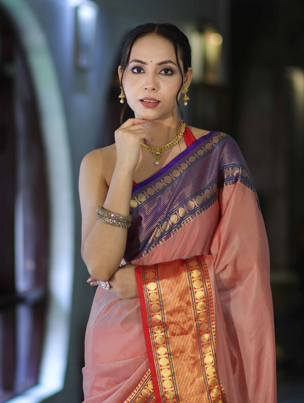 Banarasee Handloom Plain Semi Silk Saree With Contrast Temple Border-Pastel Red