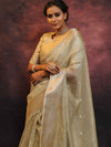 Banarasee Handwoven Silver Buta Crushed Tissue Zari Border Saree-Silver