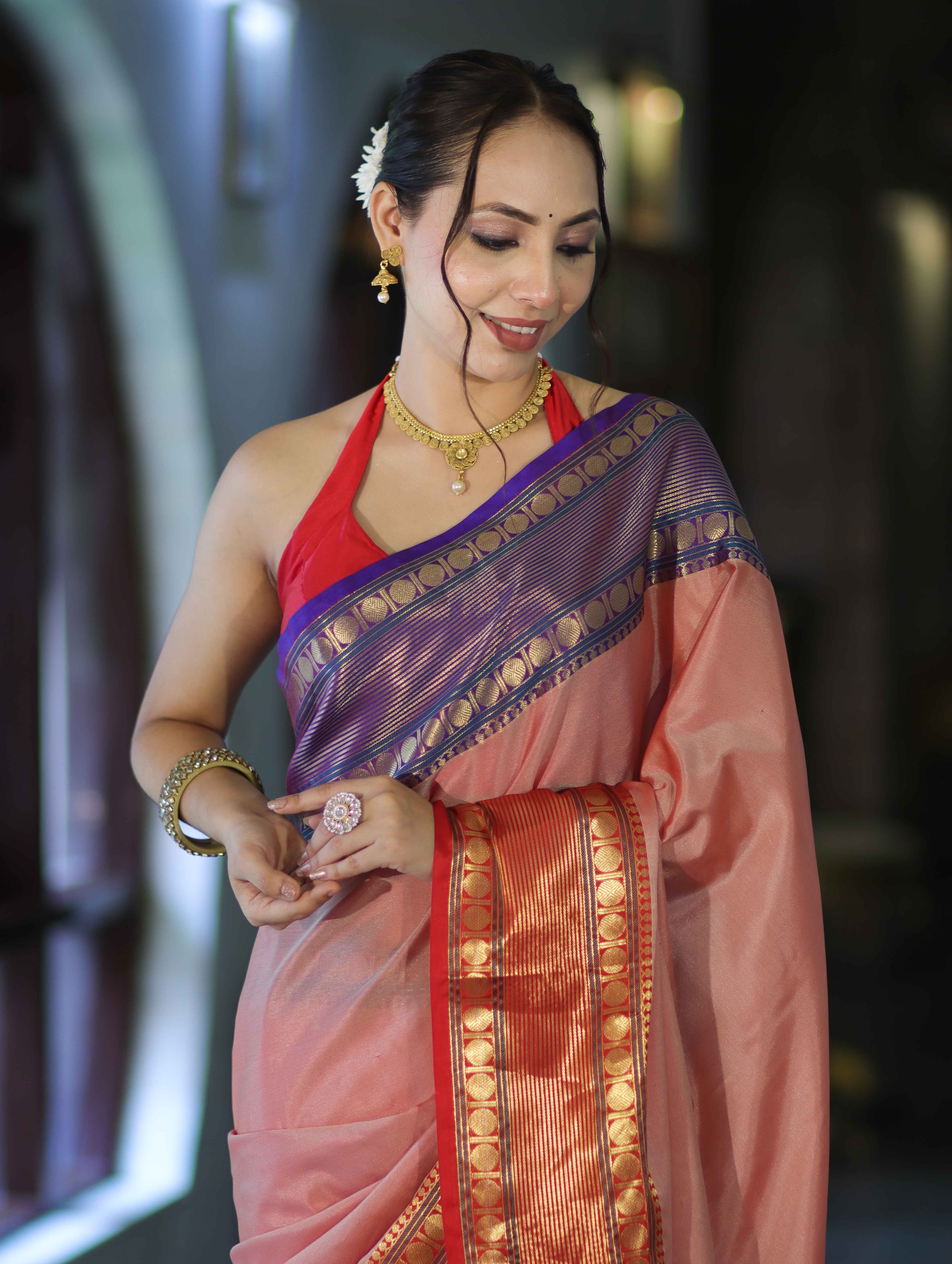 Banarasee Handloom Plain Semi Silk Saree With Contrast Temple Border-Pastel Red