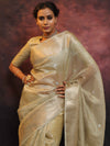 Banarasee Handwoven Silver Buta Crushed Tissue Zari Border Saree-Silver