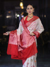 Banarasee Handloom Dupion Saree With Zari Buta Work & Contarst Border-White & Red
