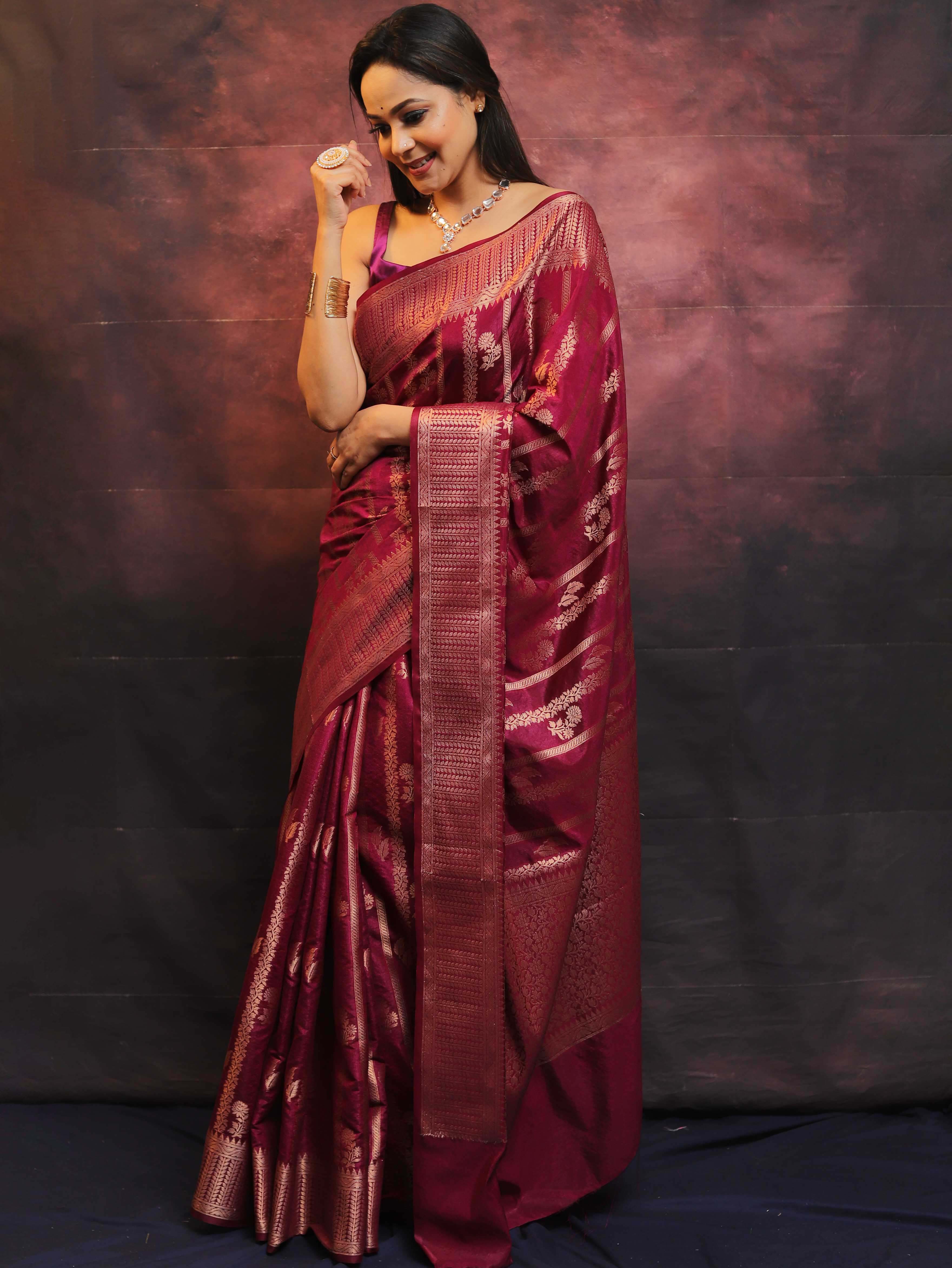 Banarasee Handwoven Semi Silk Saree Zari Work-Magenta