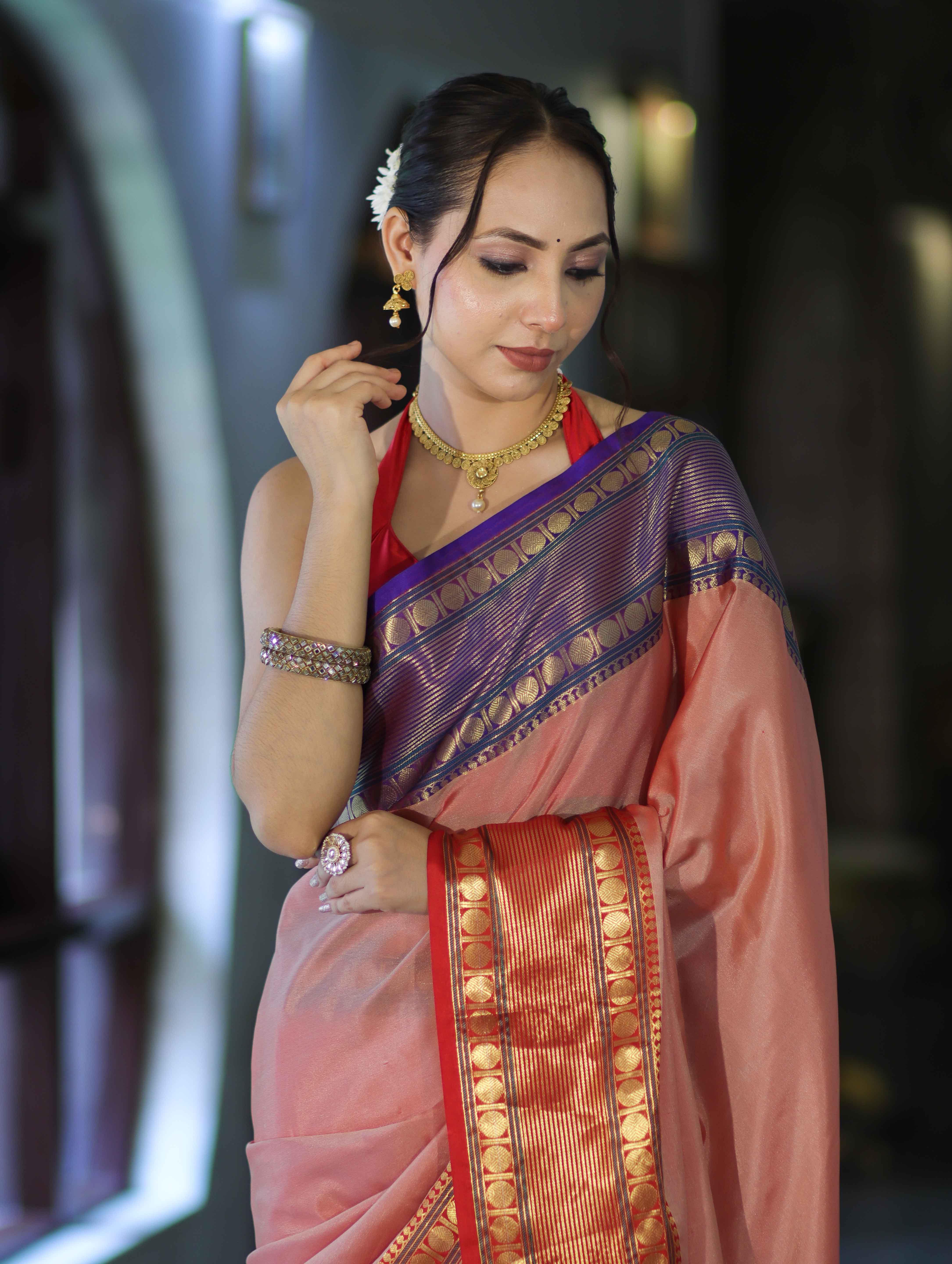 Banarasee Handloom Plain Semi Silk Saree With Contrast Temple Border-Pastel Red