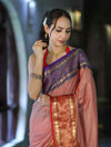Banarasee Handloom Plain Semi Silk Saree With Contrast Temple Border-Pastel Red