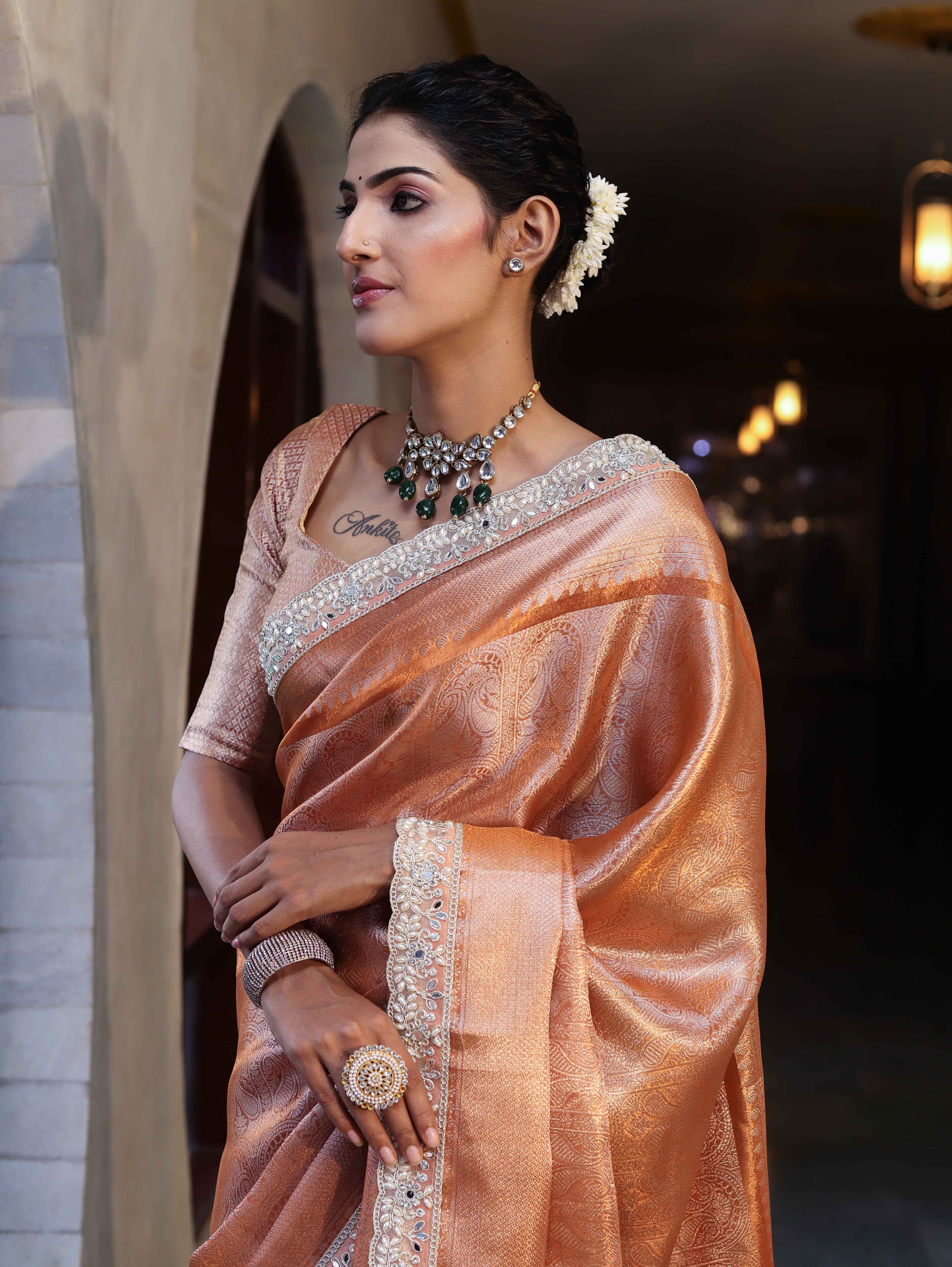 Banarasee Handwoven Tissue Saree With Zari Weaving Design & Lace-Rust
