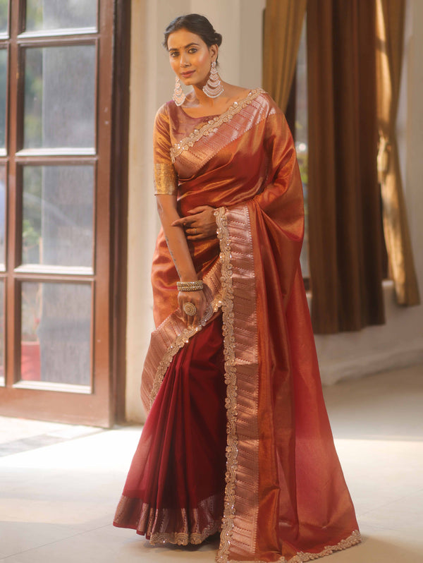 Banarasee Handwoven Plain Tissue Saree  With Zari Border & Lace-Maroon