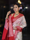 Banarasee Handloom Dupion Saree With Zari Buta Work & Contarst Border-White & Red