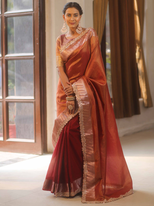 Banarasee Handwoven Plain Tissue Saree  With Zari Border & Lace-Maroon