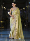 Banarasee Handwoven Tissue Saree With Floral Zari Border & Mirror Work Lace–Light Yellow