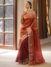 Banarasee Handwoven Plain Tissue Saree  With Zari Border & Lace-Maroon