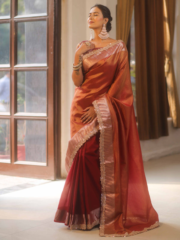 Banarasee Handwoven Plain Tissue Saree  With Zari Border & Lace-Maroon
