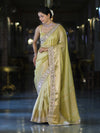 Banarasee Handwoven Tissue Saree With Floral Zari Border & Mirror Work Lace–Light Yellow