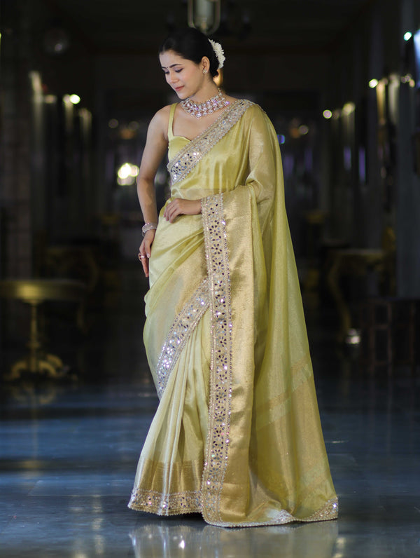 Banarasee Handwoven Tissue Saree With Floral Zari Border & Mirror Work Lace–Light Yellow
