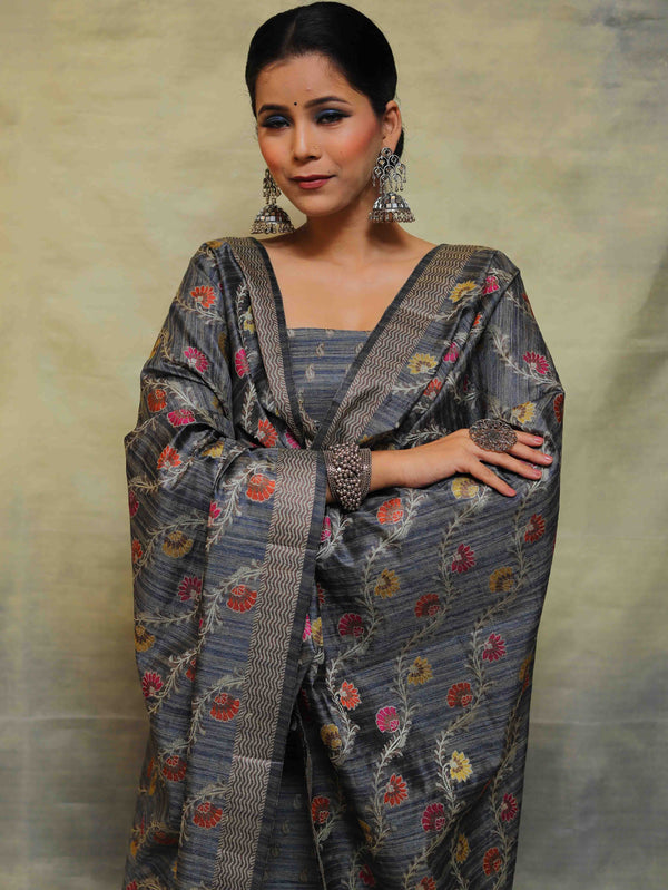 Banarasee Salwar Kameez Cotton Silk Fabric With Multicolor Resham & Ghichha Work-Grey