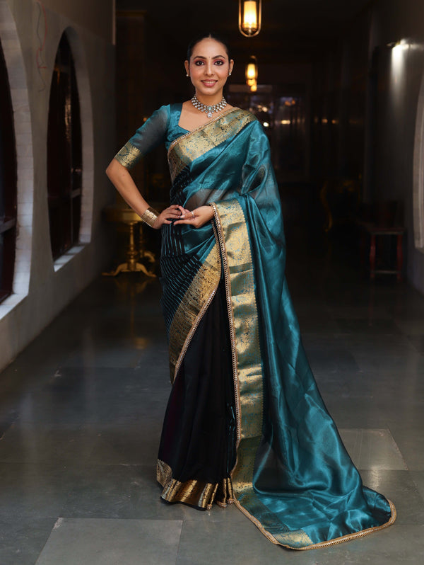 Banarasee Handwoven Dual Color Tissue Saree With Gold Zari Border & Lace-Teal Blue & Black