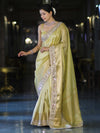 Banarasee Handwoven Tissue Saree With Floral Zari Border & Mirror Work Lace–Light Yellow