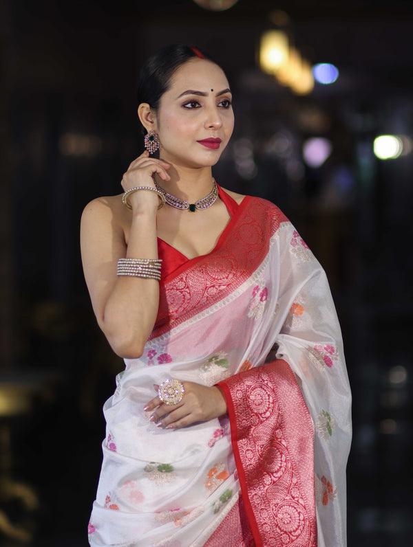 Banarasee Handloom Dupion Saree With Zari Buta Work & Contarst Border-White & Red