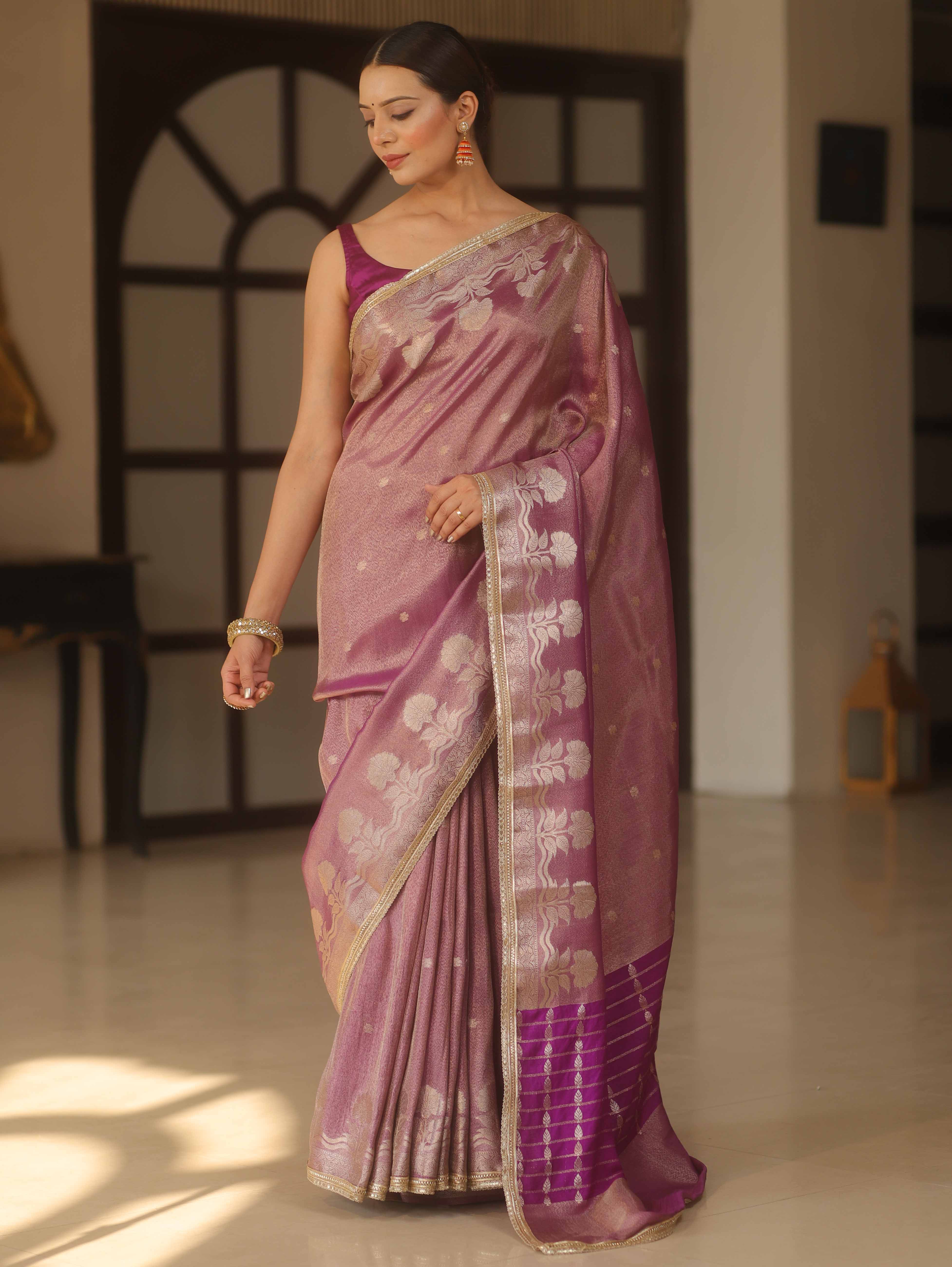 Banarasee Handwoven Soft Tissue Saree Zari Border With Lace-Magenta