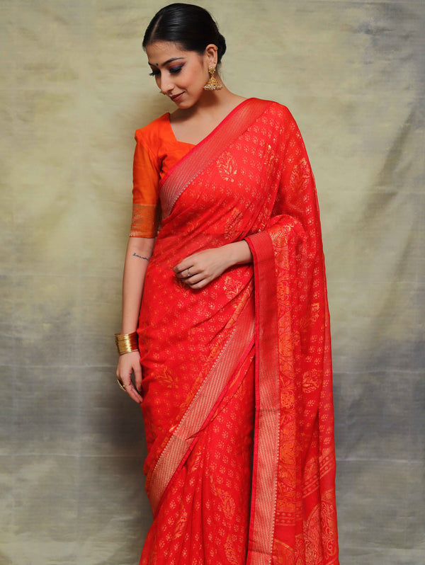 Banarasee Brasso Silk Patola Saree With Contrast Embroidered Blouse-Red