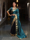 Banarasee Handwoven Dual Color Tissue Saree With Gold Zari Border & Lace-Teal Blue & Black
