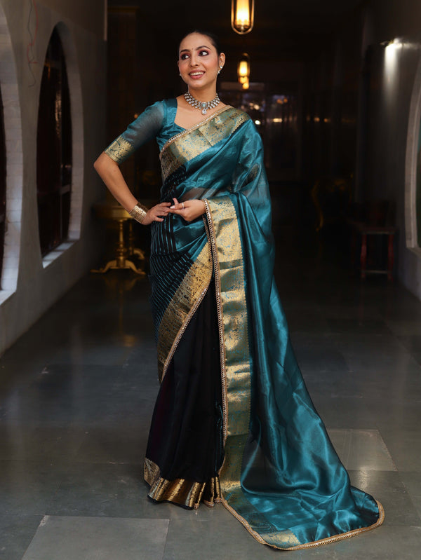 Banarasee Handwoven Dual Color Tissue Saree With Gold Zari Border & Lace-Teal Blue & Black