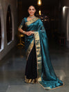 Banarasee Handwoven Dual Color Tissue Saree With Gold Zari Border & Lace-Teal Blue & Black