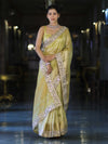 Banarasee Handwoven Tissue Saree With Floral Zari Border & Mirror Work Lace–Light Yellow
