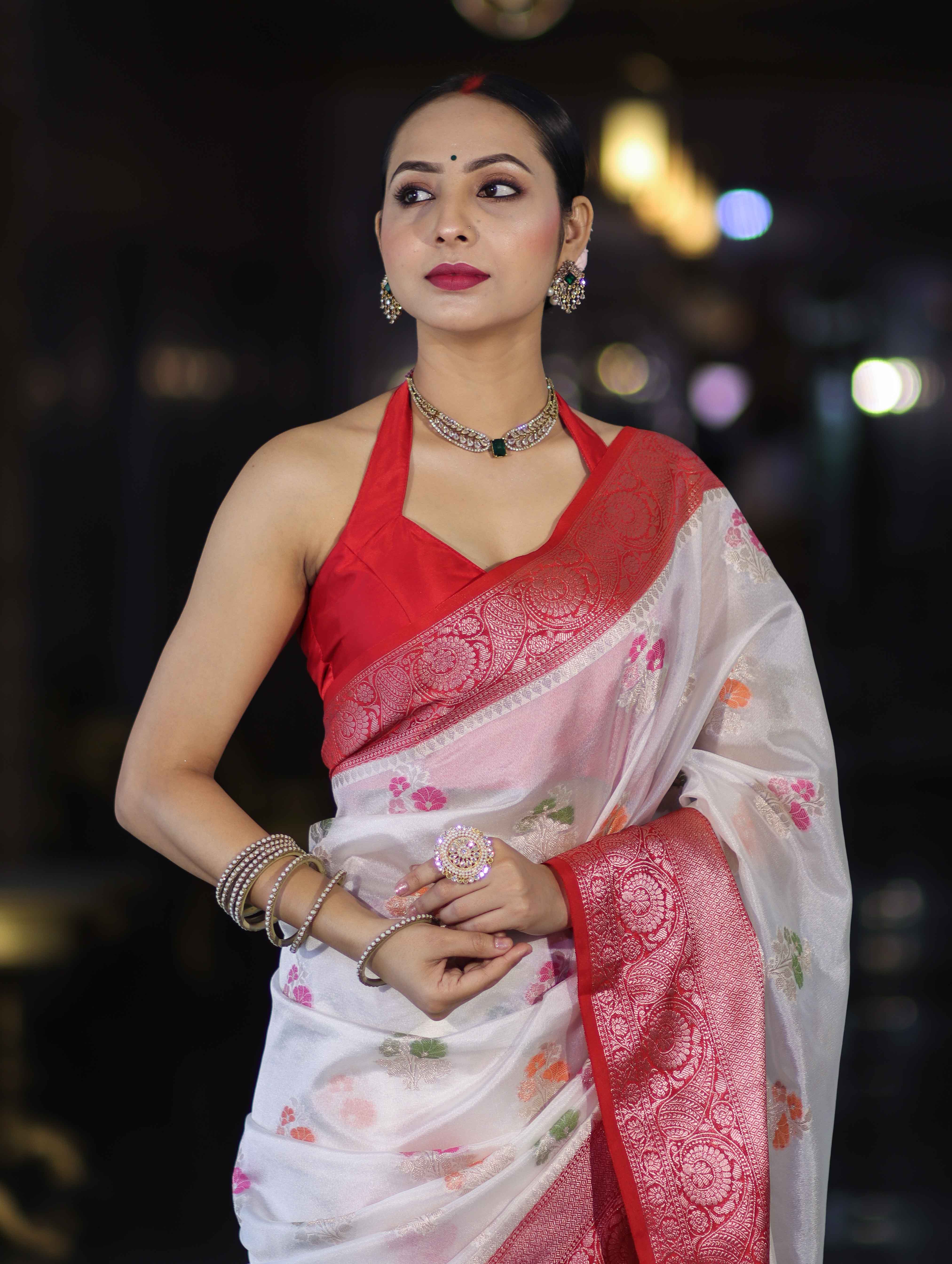 Banarasee Handloom Dupion Saree With Zari Buta Work & Contarst Border-White & Red