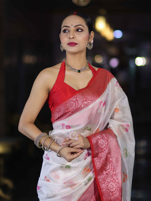 Banarasee Handloom Dupion Saree With Zari Buta Work & Contarst Border-White & Red