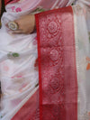 Banarasee Handloom Dupion Saree With Zari Buta Work & Contarst Border-White & Red