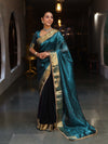 Banarasee Handwoven Dual Color Tissue Saree With Gold Zari Border & Lace-Teal Blue & Black