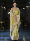 Banarasee Handwoven Tissue Saree With Floral Zari Border & Mirror Work Lace–Light Yellow
