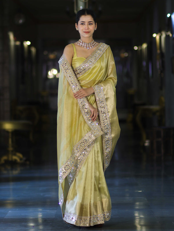 Banarasee Handwoven Tissue Saree With Floral Zari Border & Mirror Work Lace–Light Yellow