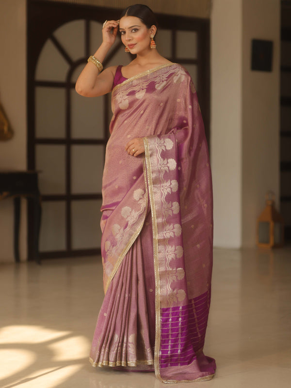 Banarasee Handwoven Soft Tissue Saree Zari Border With Lace-Magenta