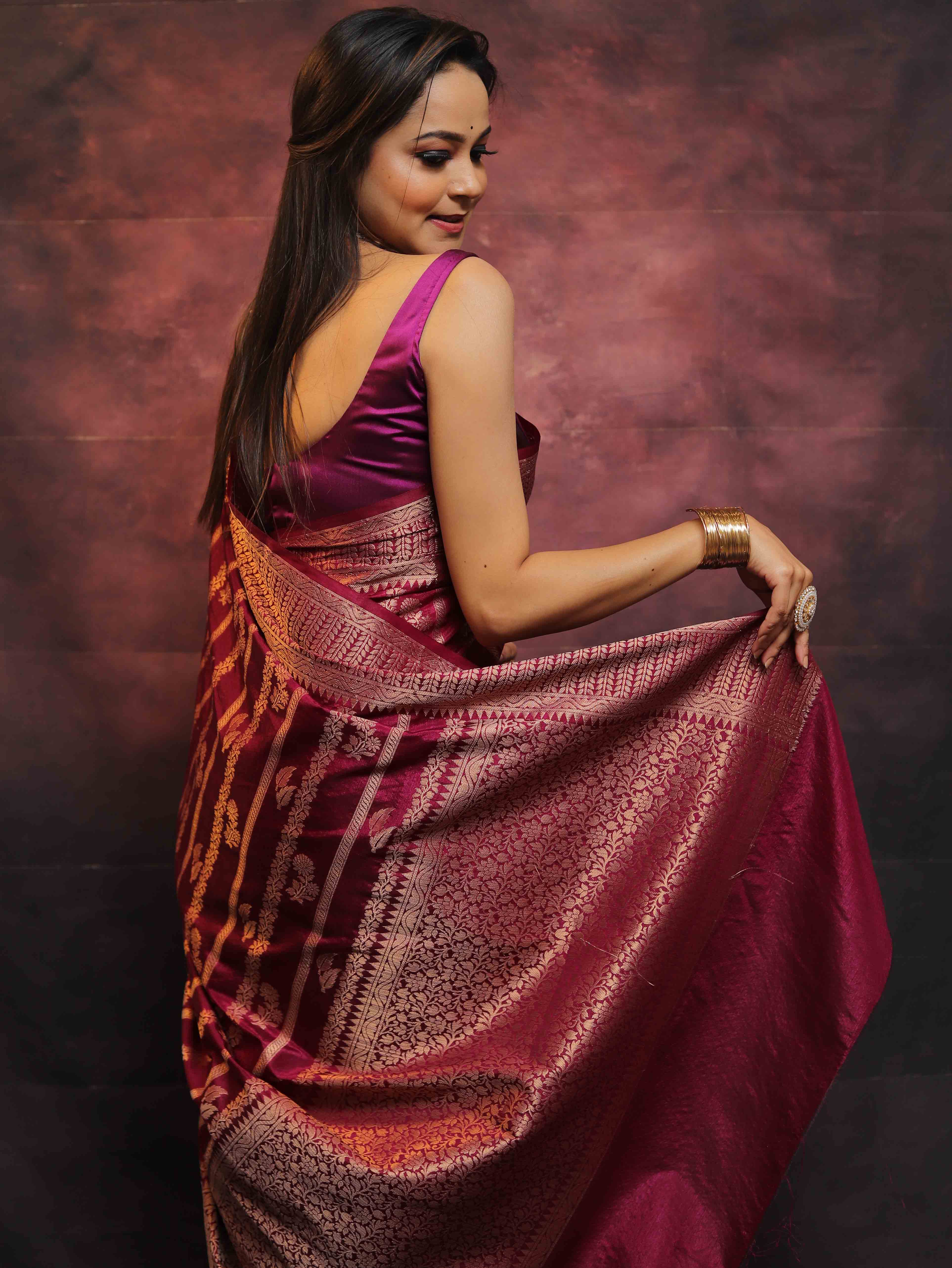 Banarasee Handwoven Semi Silk Saree Zari Work-Magenta