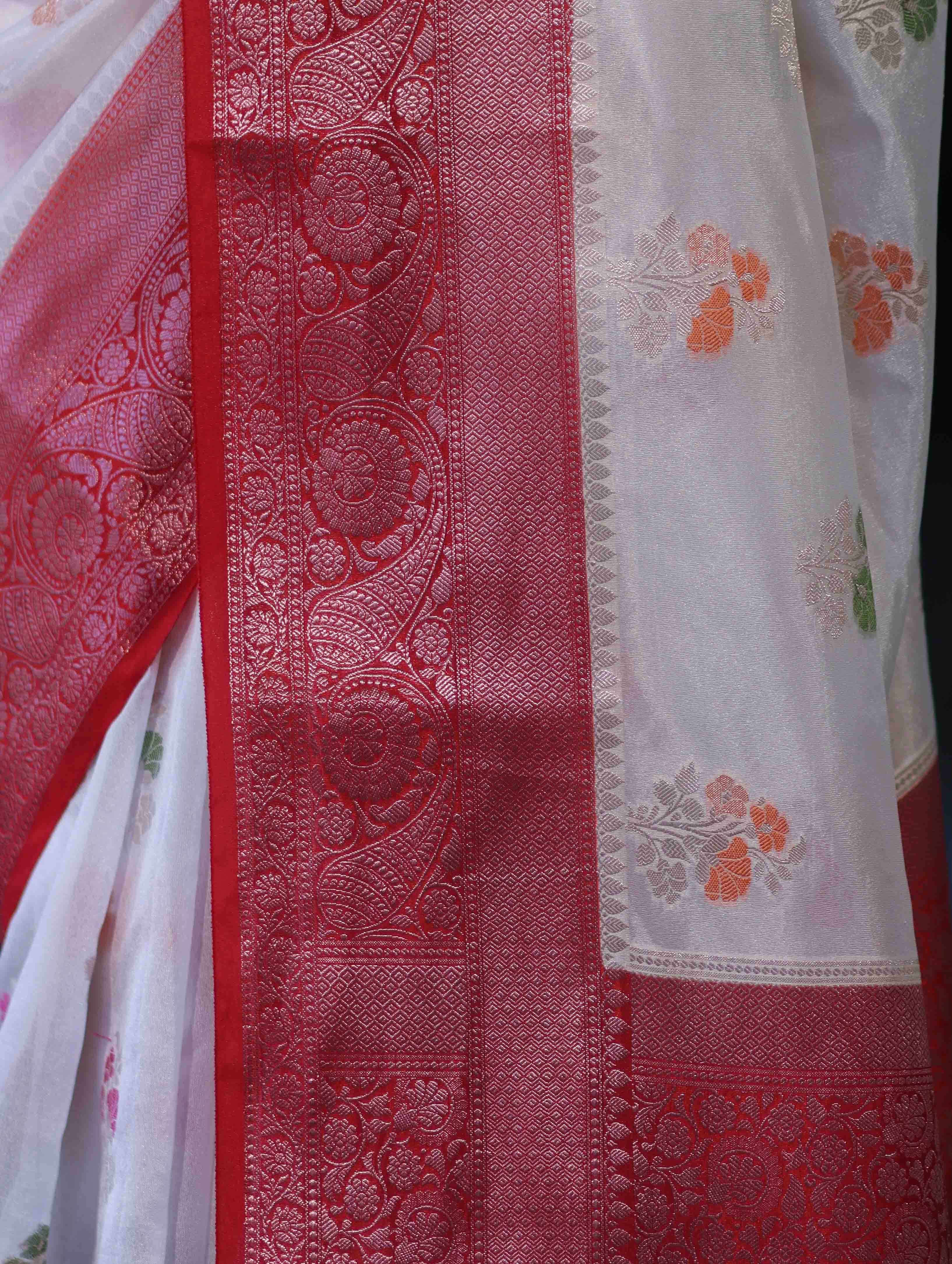 Banarasee Handloom Dupion Saree With Zari Buta Work & Contarst Border-White & Red