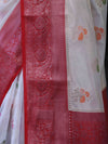 Banarasee Handloom Dupion Saree With Zari Buta Work & Contarst Border-White & Red