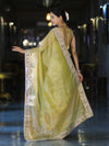 Banarasee Handwoven Tissue Saree With Floral Zari Border & Mirror Work Lace–Light Yellow