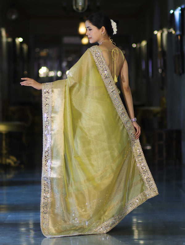Banarasee Handwoven Tissue Saree With Floral Zari Border & Mirror Work Lace–Light Yellow