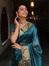 Banarasee Handwoven Dual Color Tissue Saree With Gold Zari Border & Lace-Teal Blue & Black