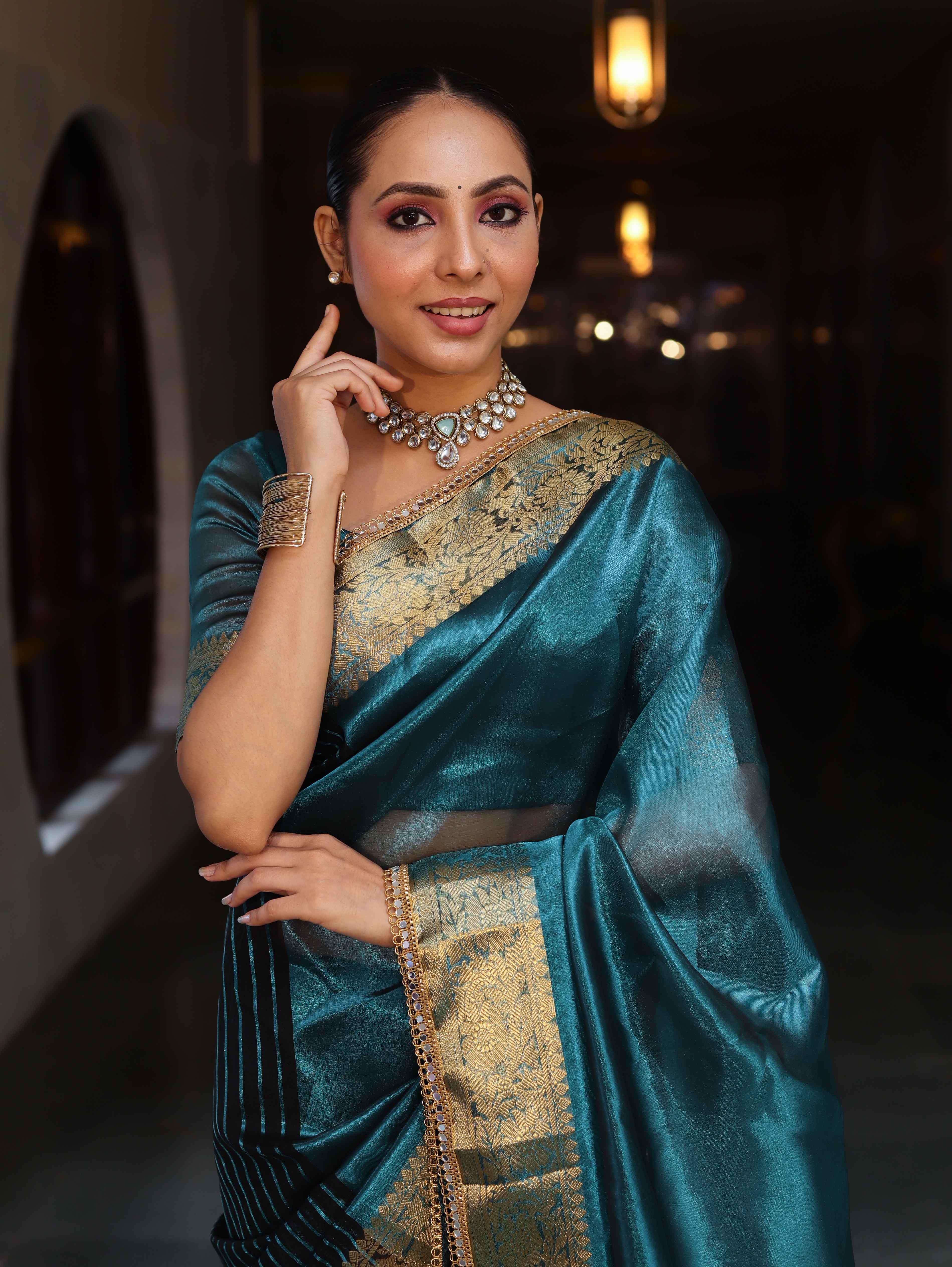 Banarasee Handwoven Dual Color Tissue Saree With Gold Zari Border & Lace-Teal Blue & Black