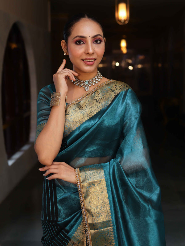 Banarasee Handwoven Dual Color Tissue Saree With Gold Zari Border & Lace-Teal Blue & Black