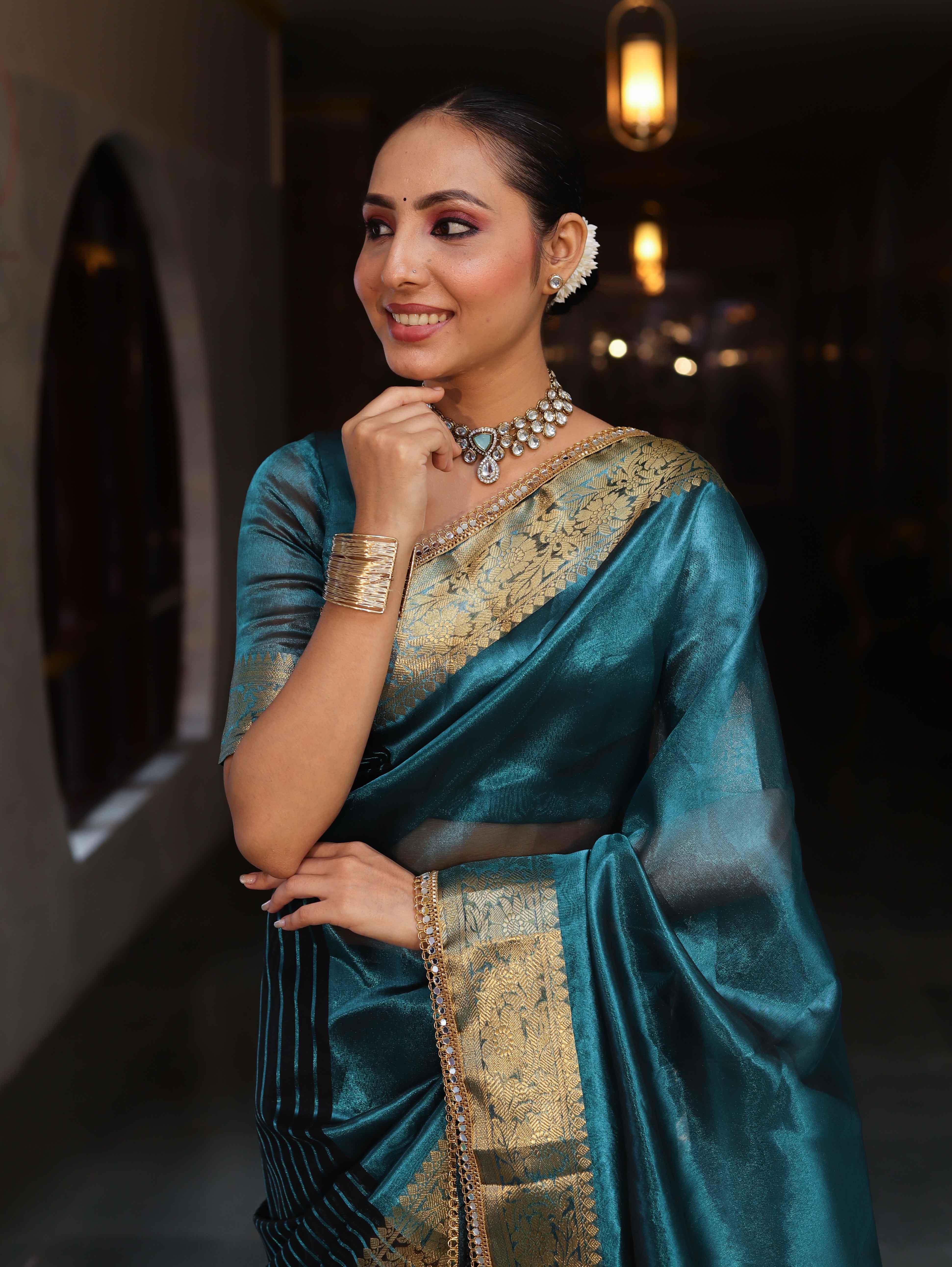 Banarasee Handwoven Dual Color Tissue Saree With Gold Zari Border & Lace-Teal Blue & Black