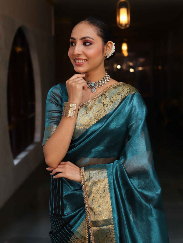 Banarasee Handwoven Dual Color Tissue Saree With Gold Zari Border & Lace-Teal Blue & Black