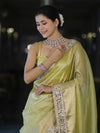 Banarasee Handwoven Tissue Saree With Floral Zari Border & Mirror Work Lace–Light Yellow