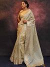 Banarasee Handwoven Silver Buta Crushed Tissue Zari Border Saree-Silver